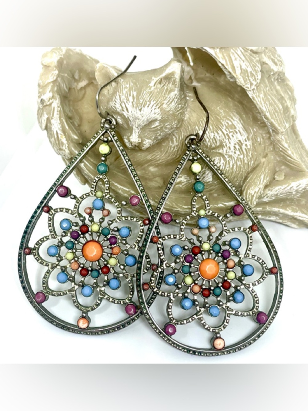 Vintage Bohemian Multicolor Resin Stone Mandala Flower Filigree Drop Earrings